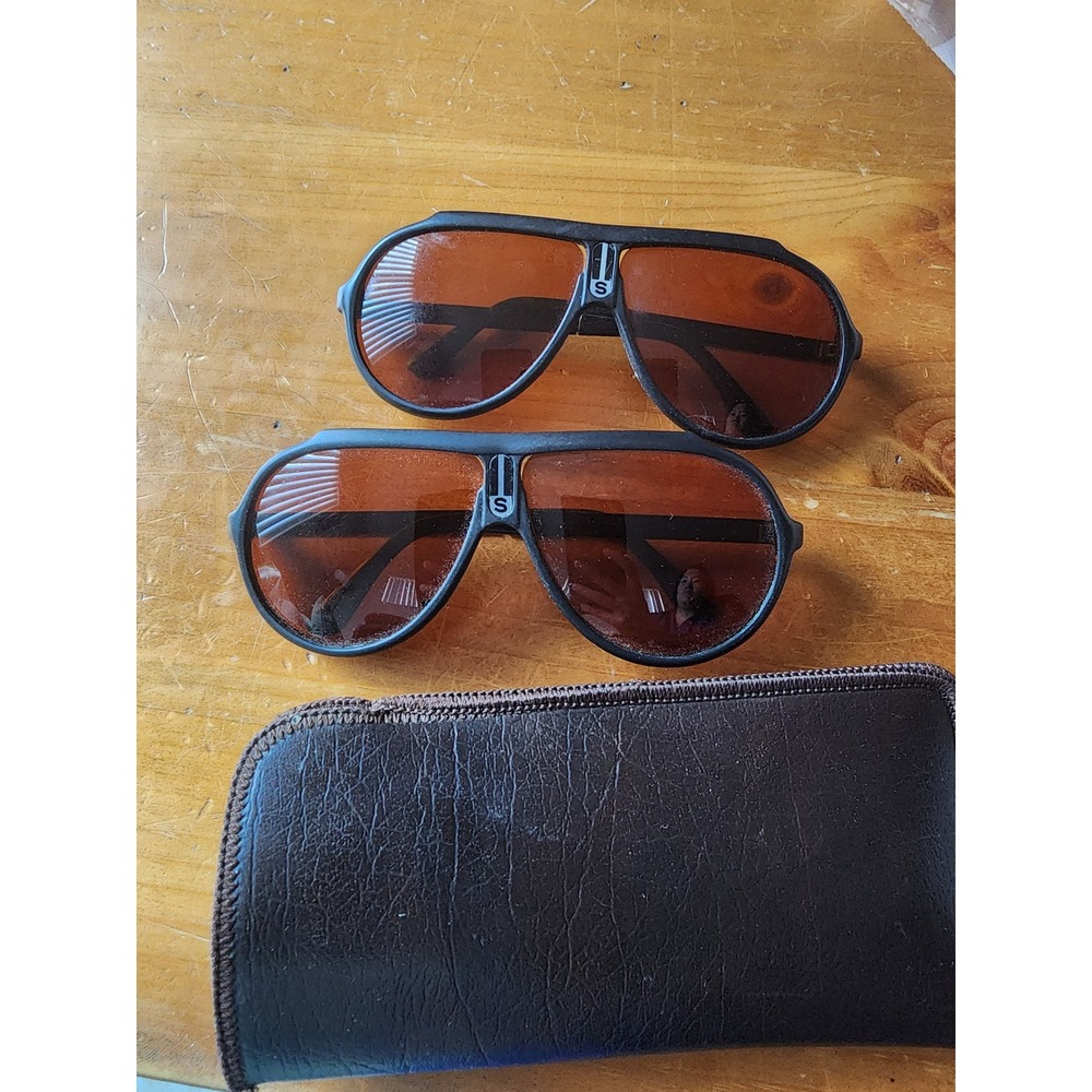 Vintage Sports Aviator Sunglasses Set of 2 Matte Black Amber Lens Retro 80s